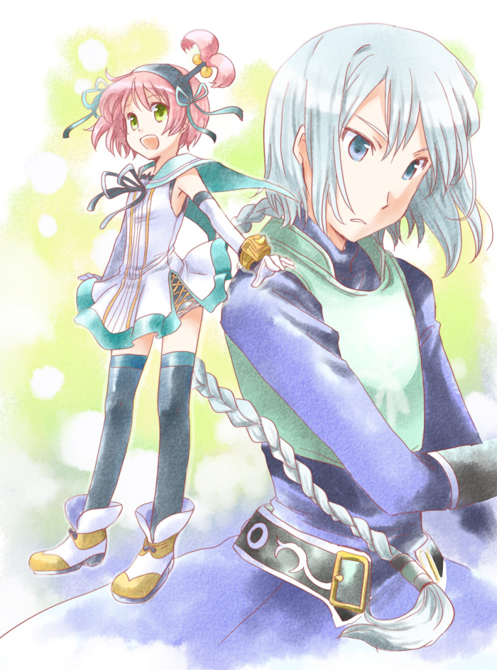 1boy 1girl armor belt blue_eyes blue_hair braid dress elbow_gloves gloves green_background green_eyes hairband kanonno_earhart long_hair open_mouth pink_hair ribbon shoes short_hair tales_of_(series) tales_of_rebirth tales_of_the_world_radiant_mythology_2 thighhighs veigue_lungberg