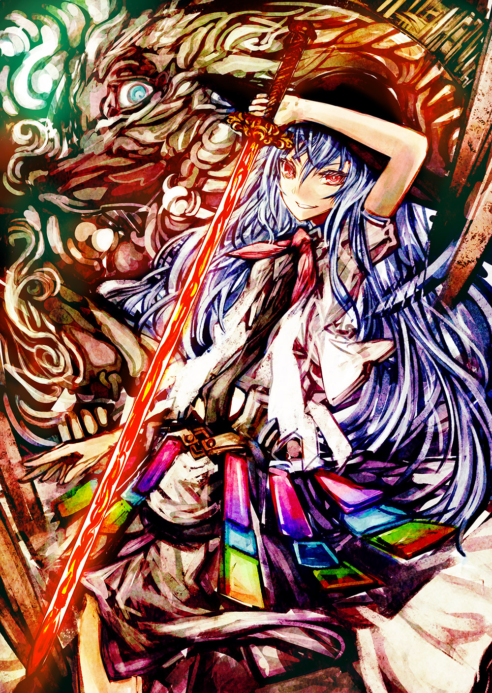 akasia blue_hair dragon hat highres hinanawi_tenshi long_hair red_eyes skirt smile solo sword sword_of_hisou touhou weapon