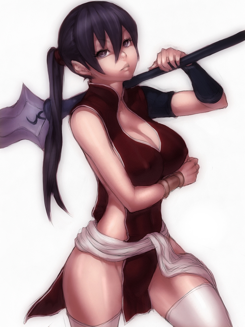 armlet balsa bare_hips bare_shoulders black_eyes black_hair breasts cleavage covered_nipples fumio_(rsqkr) groin holding large_breasts lips long_hair no_panties polearm ponytail seirei_no_moribito side_slit solo spear thighhighs thighs weapon white_legwear wide_hips