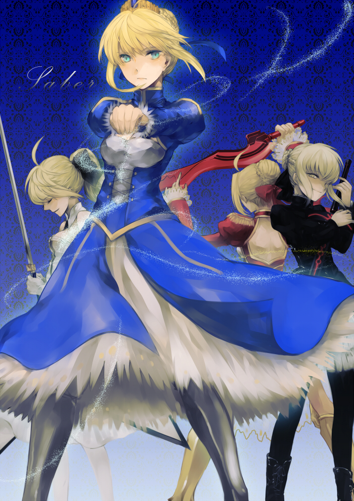 aestus_estus ahoge artoria_pendragon_(all) bad_id bad_pixiv_id blonde_hair boots bow character_name closed_eyes crown dark_excalibur dress excalibur fate/extra fate/stay_night fate/unlimited_codes fate_(series) greaves green_eyes hair_bow hair_ribbon hands_on_hilt invisible_air juliet_sleeves long_sleeves multiple_girls multiple_persona nekoyanagi_mero nero_claudius_(fate) nero_claudius_(fate)_(all) pantyhose ponytail puffy_sleeves ribbon saber saber_alter saber_lily sword weapon yellow_eyes