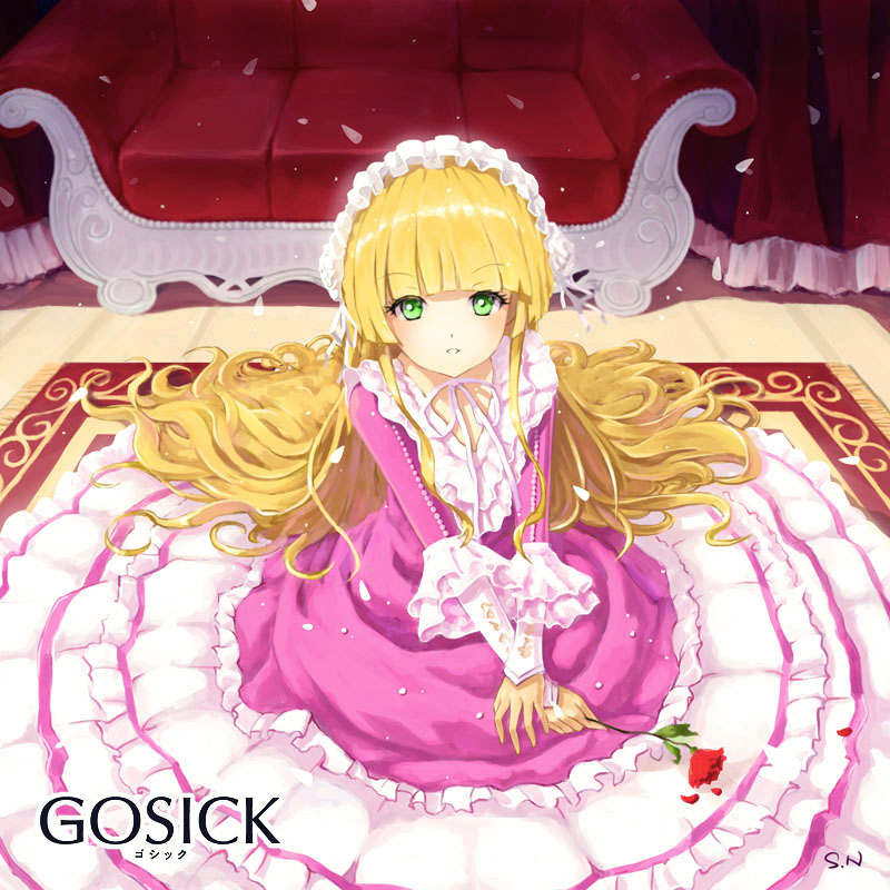 alternate_costume blonde_hair copyright_name couch curtains dress flower frills gosick green_eyes hairband lolita_fashion long_hair long_sleeves looking_at_viewer parted_lips petals pink_dress rose rug sgtxiaoxin sitting solo v_arms very_long_hair victorica_de_blois