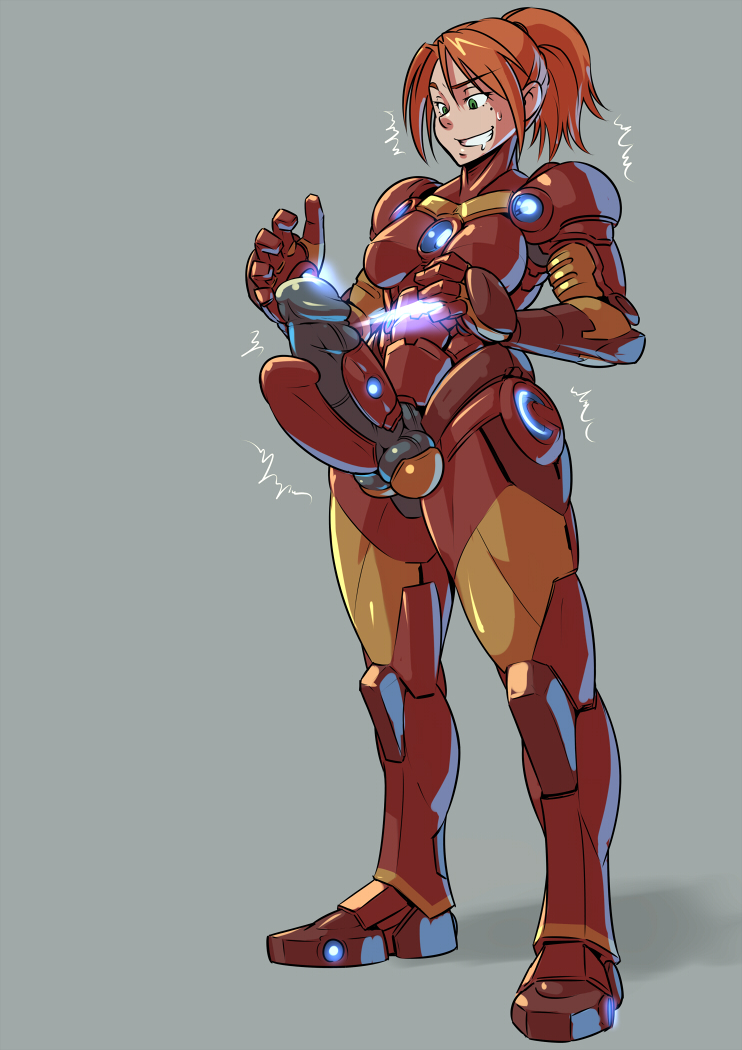 armor breasts erection full_body futanari gradient gradient_background iron_man marvel mikoyan penis penis_armor pepper_potts ponytail red_hair simple_background solo testicles