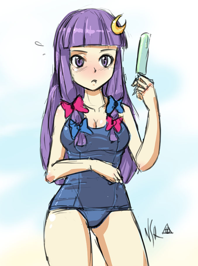 blush bow breasts cleavage crescent crescent_hair_ornament food greyface hair_bow hair_ornament hime_cut long_hair medium_breasts one-piece_swimsuit patchouli_knowledge popsicle purple_eyes purple_hair school_swimsuit sidelocks sketch solo swimsuit touhou