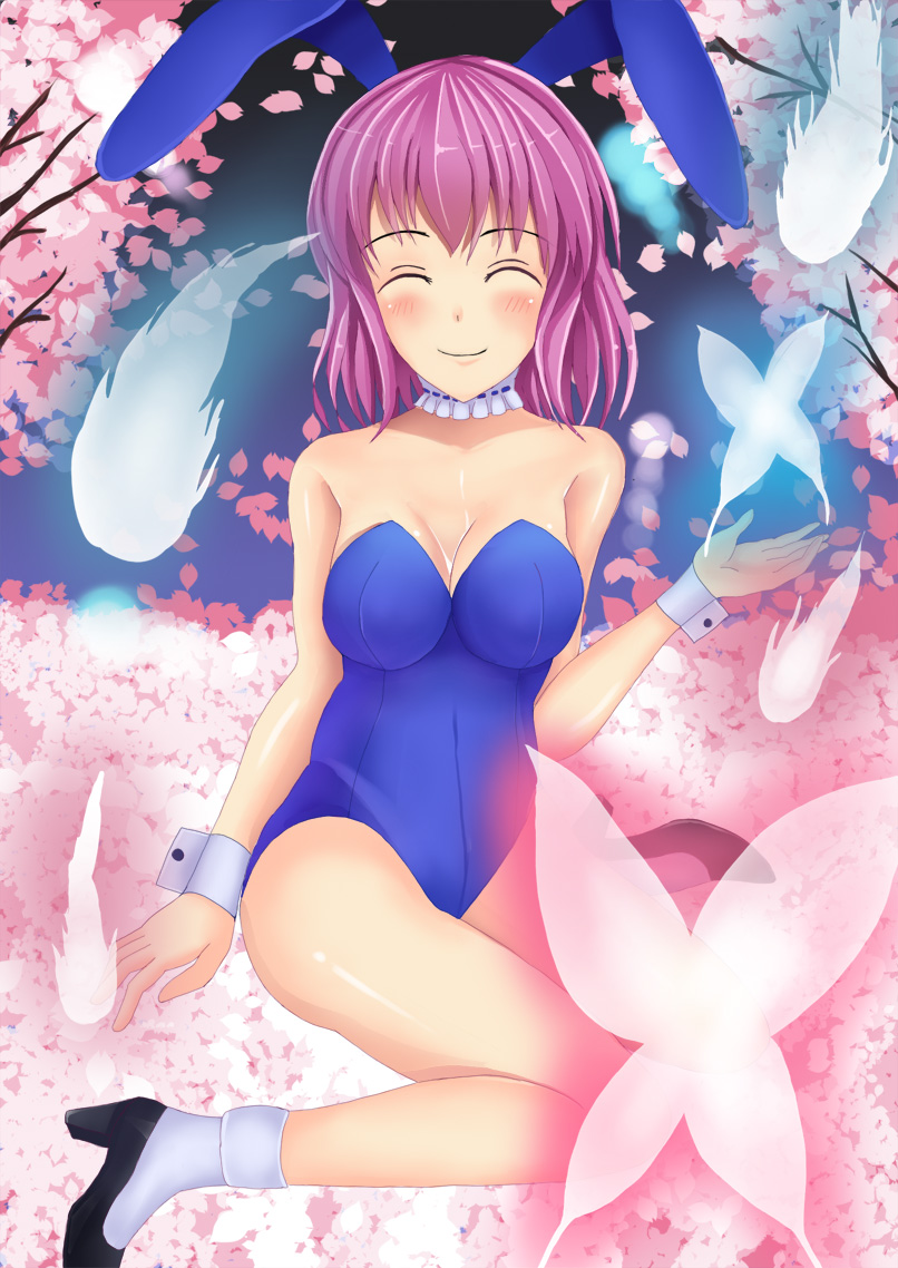 animal_ears bare_shoulders blue_leotard breasts bug bunny_ears bunnysuit butterfly cherry_blossoms cleavage closed_eyes detached_collar gao_(earisnight) high_heels hitodama insect leotard medium_breasts petals pink_hair saigyouji_yuyuko shoes short_hair sitting smile solo touhou tree wariza wrist_cuffs