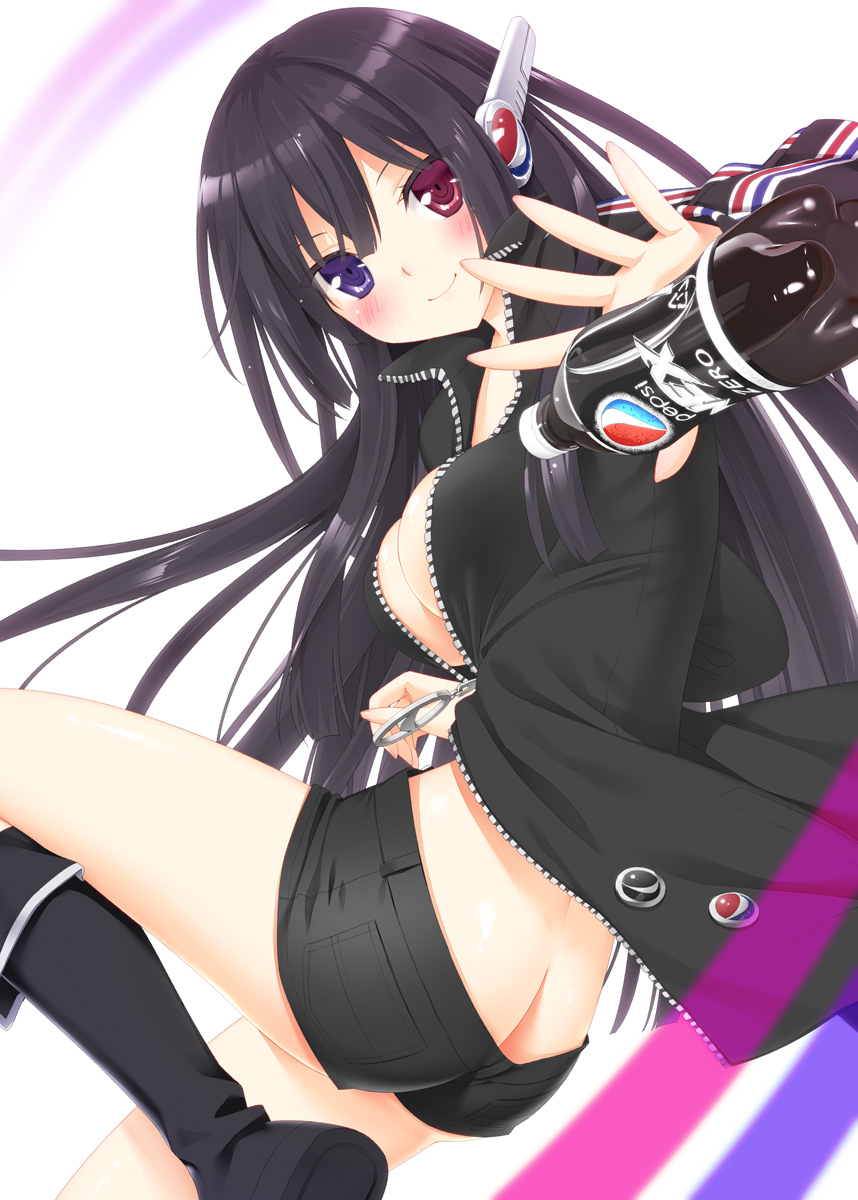 ass black_hair blue_eyes blush boots bottle breasts butt_crack hair_ornament heterochromia highres knee_boots long_hair looking_at_viewer medium_breasts no_bra original peko pepsi pepsi_nex personification product_placement purple_eyes red_eyes short_shorts shorts smile solo unzipped