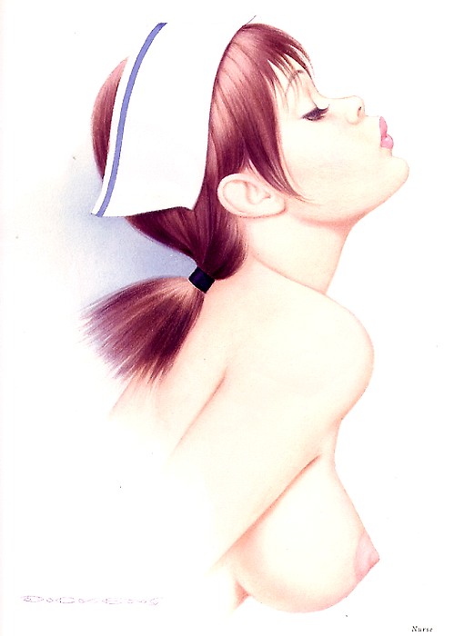 archie_dickens areolae bare_shoulders breasts brown_hair closed_eyes english lips nipples nude nurse original short_hair signature solo upper_body white_background