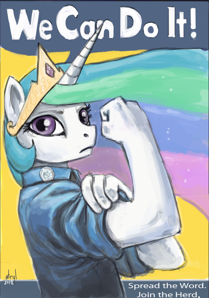 anthro anthrofied atryl clothing crown dialog dialogue english_text equine female friendship_is_magic hands horn horse looking_at_viewer mammal my_little_pony parody pony poster princess princess_celestia_(mlp) propaganda propaganda_poster purple_eyes royalty solo text unicorn