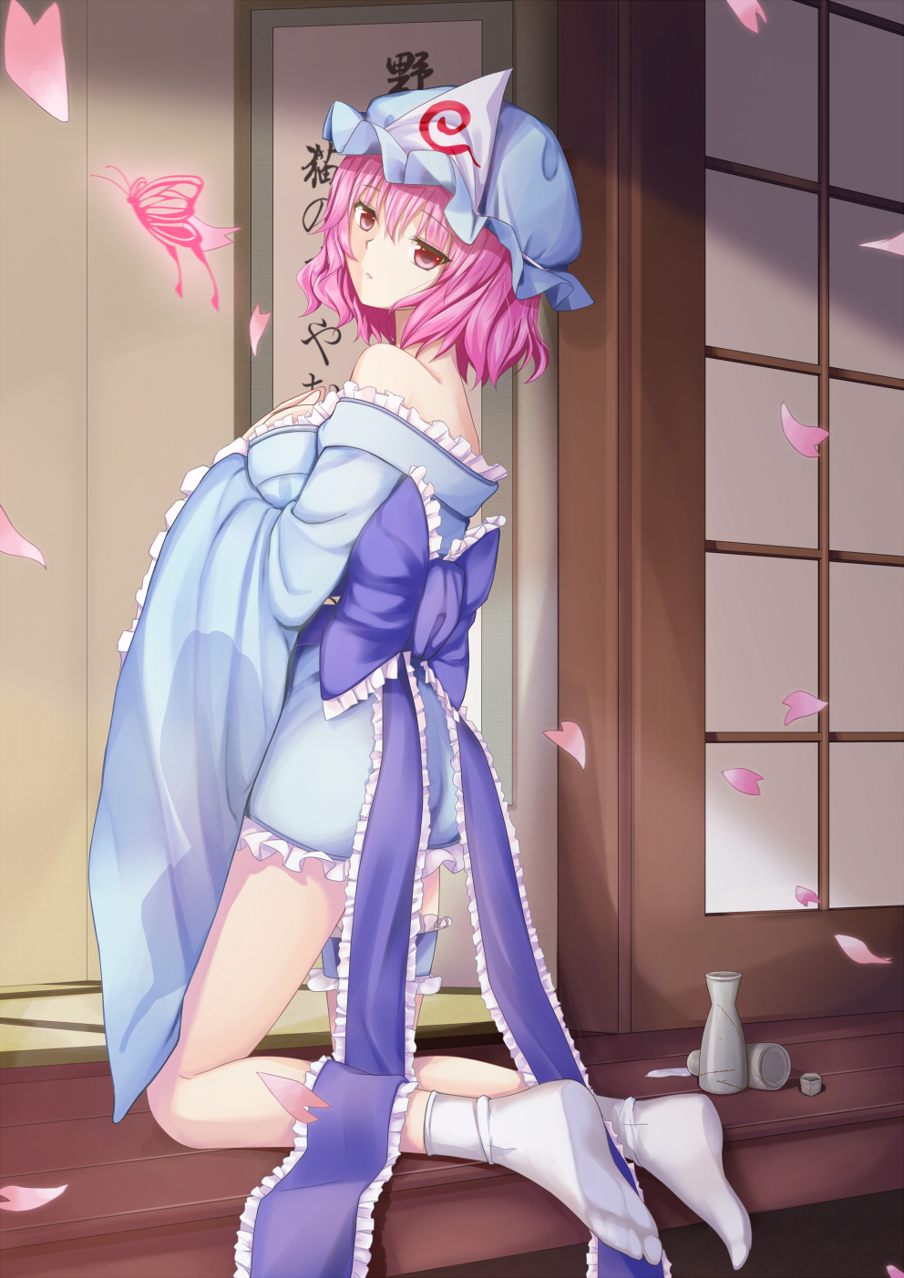 bare_shoulders bottle breasts bug butterfly garters hat highres hwaryeo insect japanese_clothes kneeling looking_at_viewer medium_breasts petals pink_eyes pink_hair saigyouji_yuyuko short_hair socks solo touhou triangular_headpiece