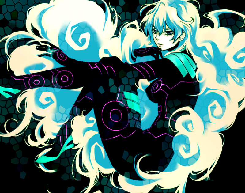 absurdly_long_hair antispiral_nia big_hair catsuit cloud_hair commentary_request dark_persona double_exposure expressionless from_side glowing_lines hand_on_own_chin jewelry koma_kiri_aoko long_hair looking_at_viewer looking_to_the_side multicolored_hair neon_trim nia_teppelin ring sitting solo tengen_toppa_gurren_lagann two-tone_hair very_long_hair whorled_hair