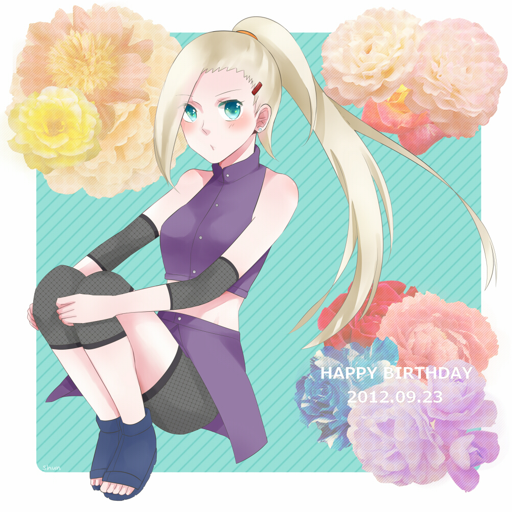 blonde_hair blue_eyes blush earrings fishnets flower hair_ornament hairclip hands_on_knees jewelry naruto ponytail sandals yamanaka_ino