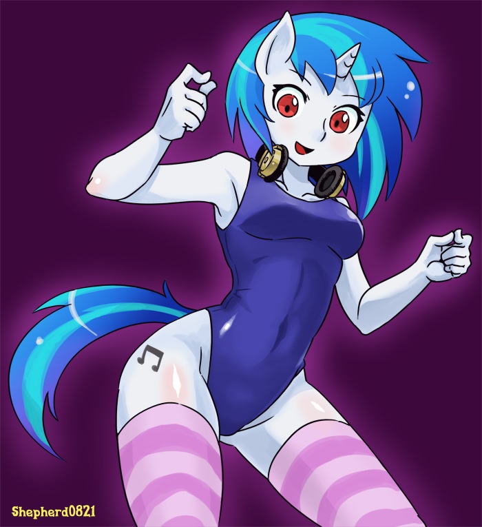anthro anthrofied blue_hair breasts cutie_mark equine eyewear female friendship_is_magic hair horn horse legwear long_hair looking_at_viewer mammal my_little_pony one-piece_swimsuit open_mouth pony red_eyes shepherd0821 smile solo stockings swimsuit tongue two_tone_hair unicorn vinyl_scratch_(mlp)