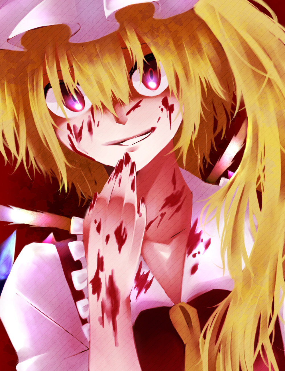 bad_id bad_pixiv_id blood blood_on_face close-up flandre_scarlet hair_between_eyes hakurasoa hand_on_own_face highres long_hair looking_at_viewer pink_eyes side_ponytail smile smirk solo touhou