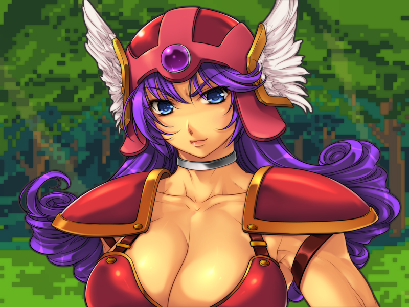 1girl armor blue_eyes breasts chunsoft cleavage dragon_quest dragon_quest_iii enix helmet large_breasts long_hair looking_at_viewer outdoors purple_hair smile soldier_(dq3) solo standing yoko_juusuke
