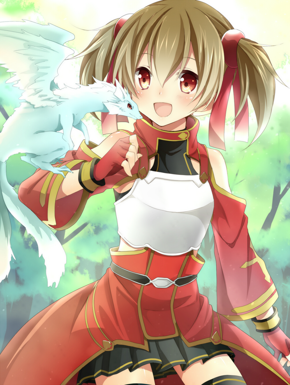 :d armor bad_id bad_pixiv_id bare_shoulders blush brown_hair dragon fingerless_gloves gloves hair_ribbon highres i_m_a open_mouth pina_(sao) red_eyes ribbon short_twintails silica skirt smile solo sword_art_online thighhighs twintails