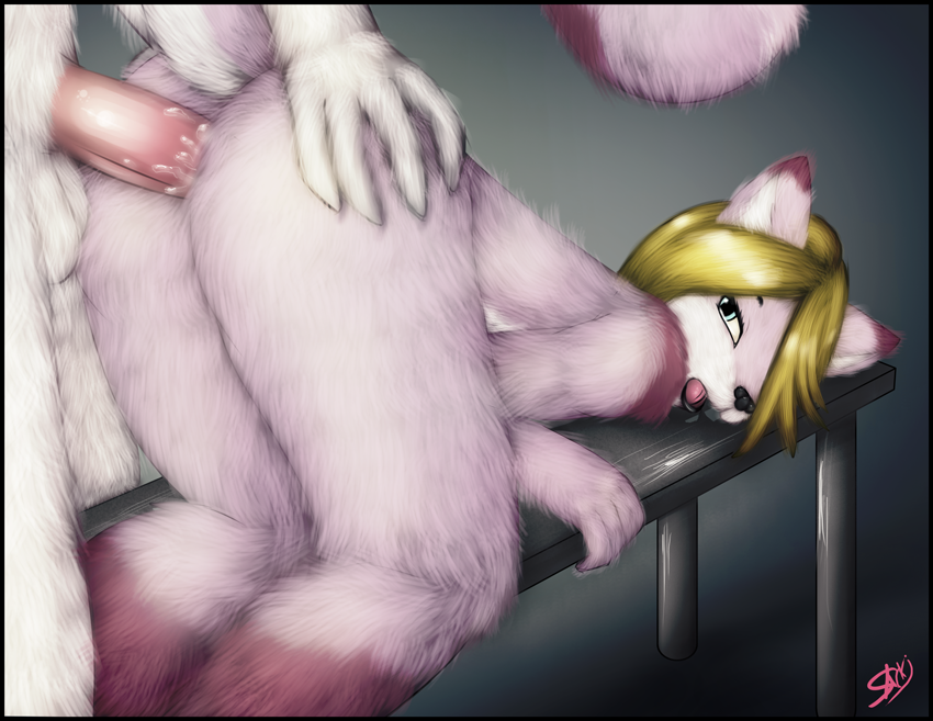 ambiguous_gender anal anthro balls bench blonde_hair blue_eyes butt butt_grab cum doggystyle duo faceless_male fluffy from_behind fur gay girly hair looking_back male mammal mykul penetration penis pink_fur rodent sarki sex squirrel white_fur
