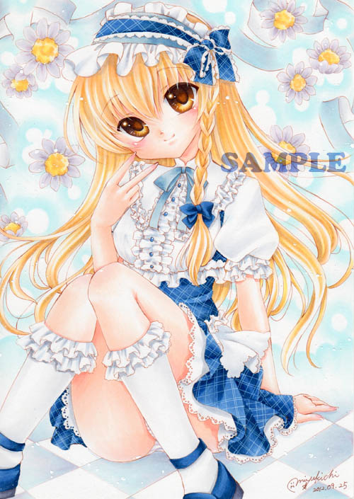 2012 alternate_costume blue_bow blue_footwear bobby_socks bow braid checkered checkered_floor dated flower frilled_sleeves frills hairband head_tilt kirisame_marisa kneehighs knees_together_feet_apart lolita_fashion lolita_hairband long_hair marker_(medium) mocomoco_party neck_ribbon panties pantyshot pantyshot_(sitting) plaid plaid_skirt puffy_short_sleeves puffy_sleeves ribbon sample shoes short_sleeves side_braid signature sitting skirt socks solo striped striped_panties sweet_lolita touhou traditional_media underwear v white_legwear yellow_eyes