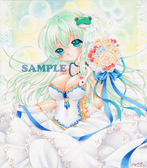aqua_eyes aqua_hair bare_shoulders bouquet breasts bridal_veil bride cleavage dated dress flower frog_hair_ornament gem gloves hair_ornament jewelry kochiya_sanae lace_border large_breasts long_hair marker_(medium) mocomoco_party necklace pearl ribbon rose sample see-through signature sleeveless sleeveless_dress snake snake_hair_ornament solo touhou traditional_media veil wedding_dress white_dress