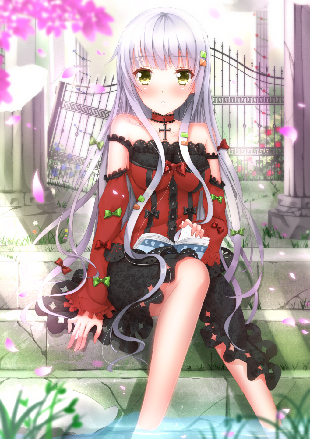 :&lt; bad_id bad_pixiv_id bare_shoulders blush book bow cherry_blossoms choker cross detached_sleeves dress gate hair_ornament highres long_hair long_legs open_book original petals silver_hair sitting sitting_on_stairs solo stairs swordsouls yellow_eyes