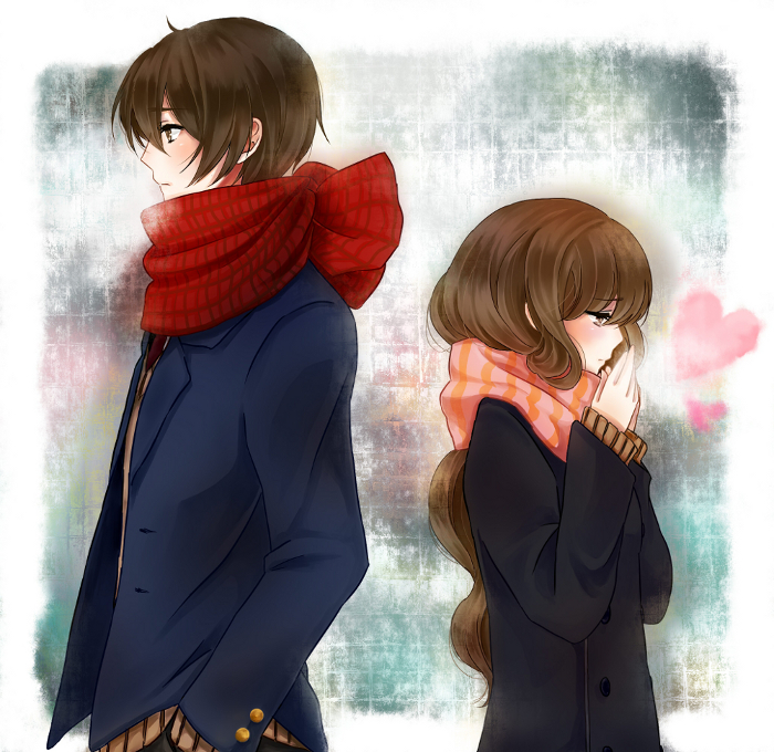 1girl bad_id bad_pixiv_id blush brown_eyes brown_hair cheat_(superxx4xxhyuk) from_side hand_to_own_mouth hands_in_pockets heart long_hair original scarf striped striped_scarf