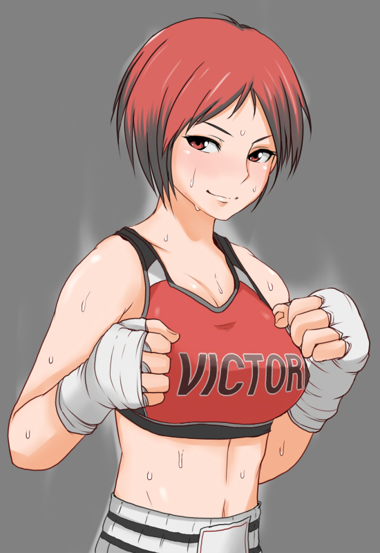 blush boxing_gloves breasts clothes_writing dead_or_alive dead_or_alive_5 fingerless_gloves gloves large_breasts midriff mila_(doa) mixed_martial_arts navel red_eyes red_hair short_hair shorts solo sports_bra sweat testes
