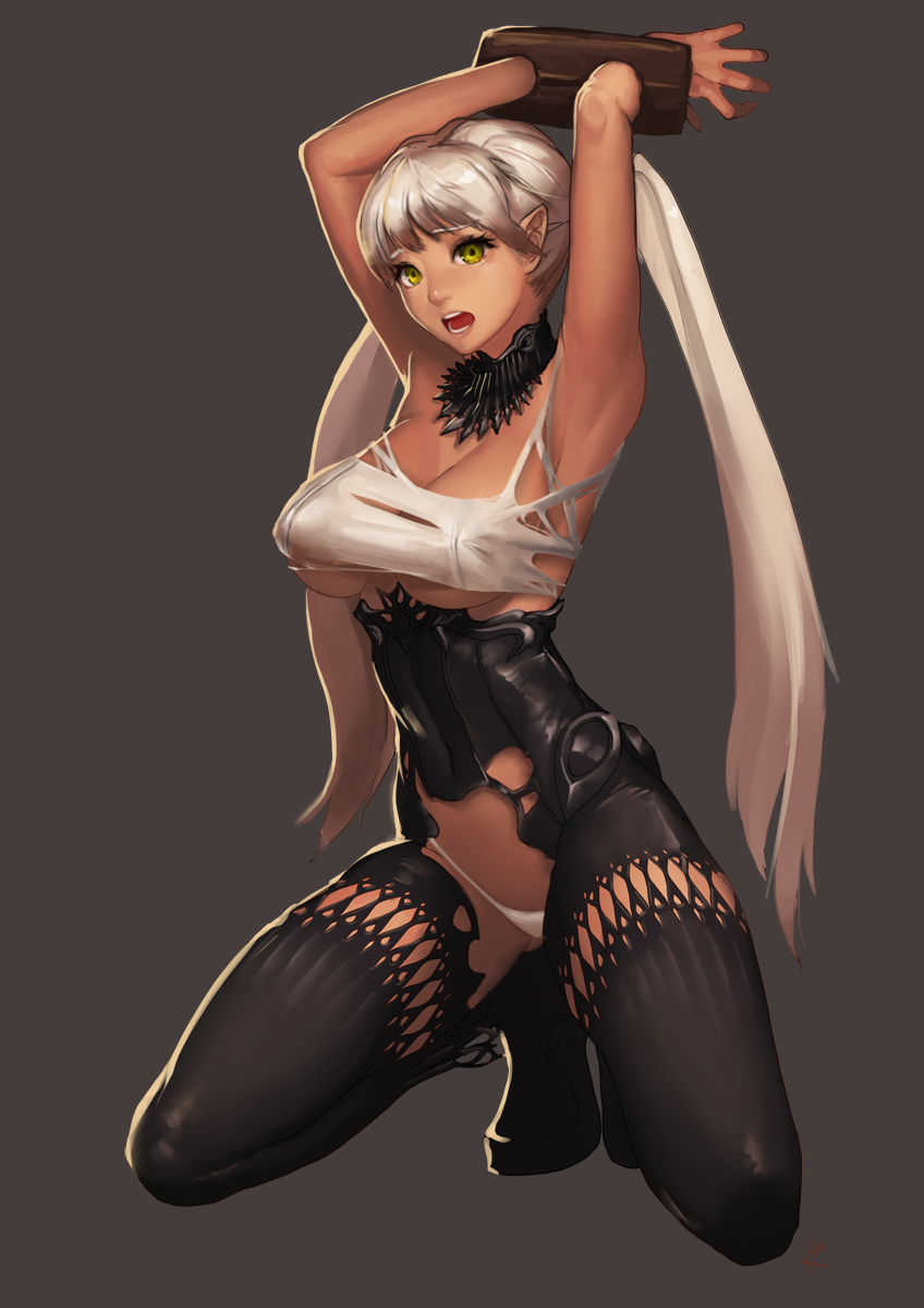 armpits arms_up bdsm black_legwear blade_&amp;_soul bondage bound bound_wrists breasts dark_skin elf g-string grey_background highres instant_ip kneeling large_breasts legs long_hair panties pointy_ears silver_hair simple_background solo stocks thighhighs thighs thong twintails underboob underwear white_panties yellow_eyes