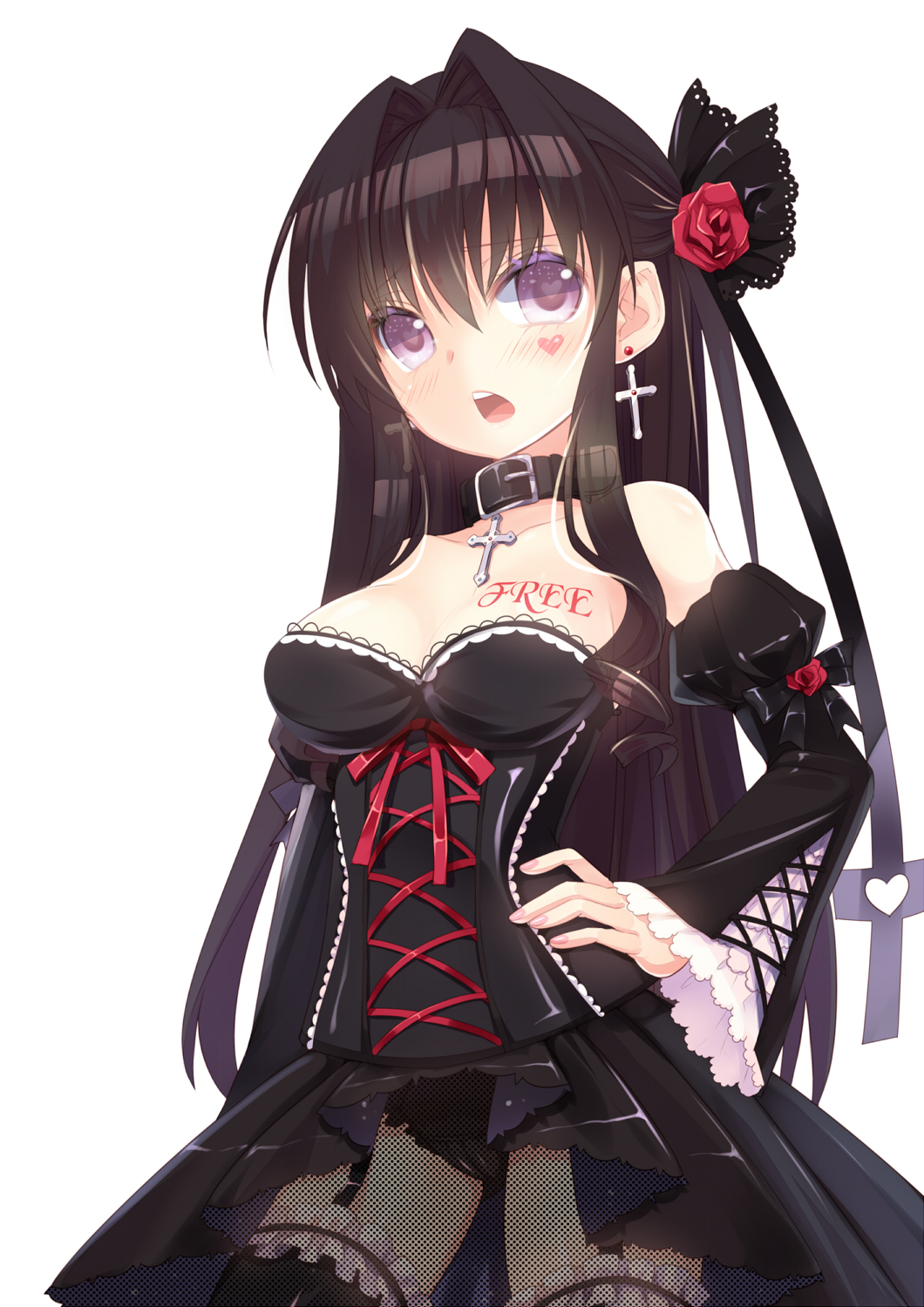 black_hair blush bra breasts choker corset cross detached_sleeves earrings flower garter_straps hair_flower hair_ornament hand_on_hip heart heart-shaped_pupils highres jewelry long_hair medium_breasts mvv necklace open_mouth original panties purple_eyes simple_background solo symbol-shaped_pupils tattoo underwear white_background