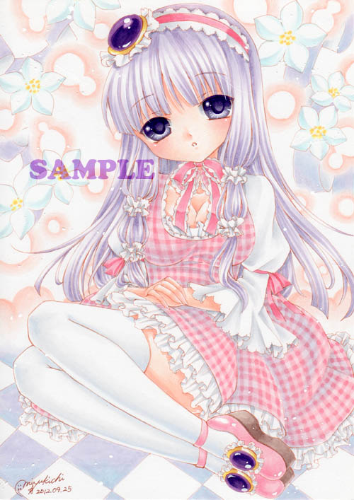 2012 :o alternate_costume bangs blunt_bangs checkered checkered_floor dated dress flower frilled_dress frills full_body gem hairband lolita_fashion long_hair marker_(medium) mocomoco_party no_hat no_headwear patchouli_knowledge pink_dress plaid plaid_dress purple_hair ribbon sample shoes signature solo sweet_lolita thighhighs touhou traditional_media white_legwear wide_sleeves