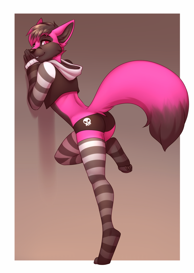 2018 anthro biped black_hair butt canine clothed clothing cmos crossdressing digital_media_(artwork) fluffy fluffy_tail fox fur girly grey_fur hair hoodie leaning legwear lockworkorange looking_at_viewer male mammal partially_clothed pink_eyes pink_fur presenting presenting_hindquarters raised_leg simple_background smile socks standing streaked_hair stripes sweater thigh_highs underwear