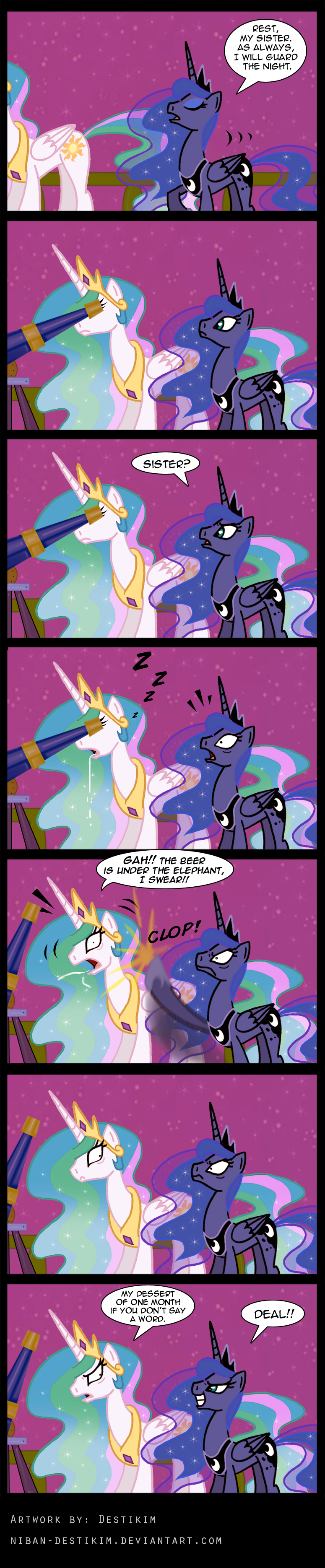 blue_eyes blue_fur comic crown cutie_mark dialog drooling duo english_text equine female feral friendship_is_magic fur hair horn horse mammal multi-colored_hair my_little_pony necklace niban-destikim night pony princess princess_celestia_(mlp) princess_luna_(mlp) royalty saliva sibling siblings sisters sleeping stars telescope text white_fur winged_unicorn wings zzz