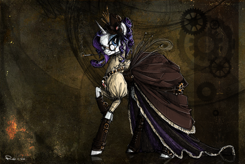 abstract_background blue_eyes blue_hair brown_theme dress equine eyewear female feral friendship_is_magic glasses gown hair hooves horn horse mammal mini_top_hat mouthpiece my_little_pony nastylady pony purple_hair rarity_(mlp) smile smoking solo steampunk unicorn