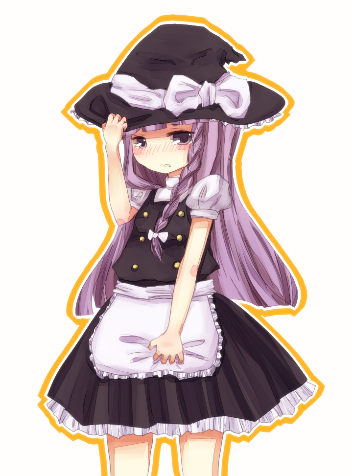 blush blush_stickers bow braid cosplay hair_bow hat kirisame_marisa kirisame_marisa_(cosplay) pantsko patchouli_knowledge purple_eyes purple_hair solo touhou witch_hat