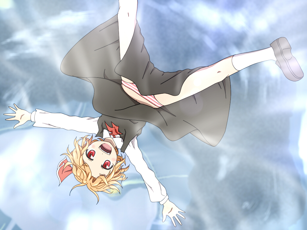 ascot black_dress blonde_hair commentary_request dress hair_ribbon long_sleeves looking_at_viewer open_mouth outstretched_arms panties red_eyes ribbon rumia shirosato shirt shoes short_hair smile socks solo striped striped_panties touhou underwear upside-down upskirt white_legwear