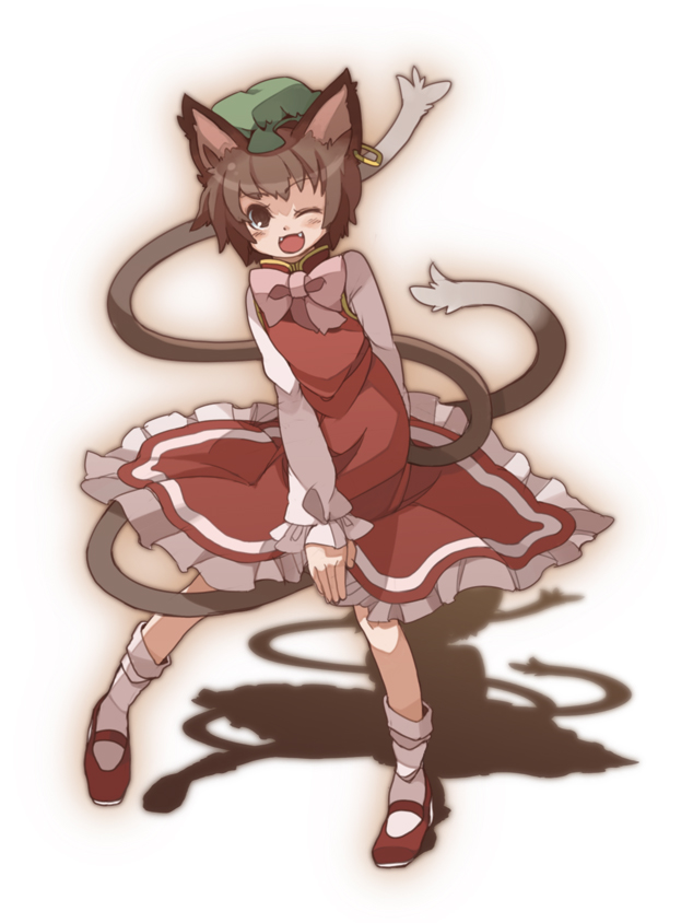 animal_ears bad_id bad_pixiv_id bow brown_hair cat_ears cat_tail chachi_(azuzu) chen earrings hat jewelry multiple_tails one_eye_closed open_mouth short_hair single_earring smile solo tail touhou