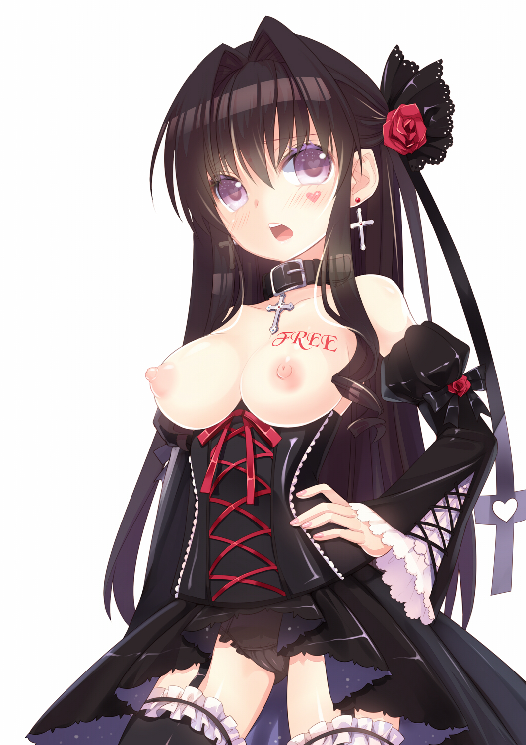 black_hair blush breasts choker corset cross detached_sleeves earrings flower garter_straps hair_flower hair_ornament hand_on_hip heart heart-shaped_pupils highres jewelry long_hair medium_breasts mvv necklace nipples open_mouth original panties purple_eyes simple_background solo symbol-shaped_pupils tattoo topless underwear white_background