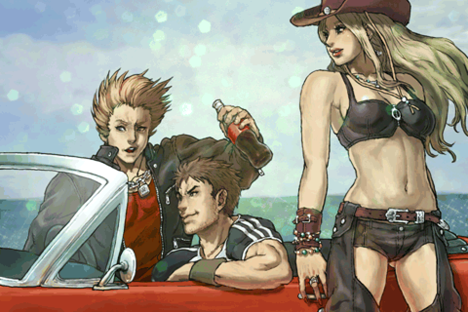 arc_system_works billy_lee car chaps cowboy_hat cowgirl double_dragon hat jimmy_lee marian marian_(double_dragon) motor_vehicle short_shorts shorts vehicle western