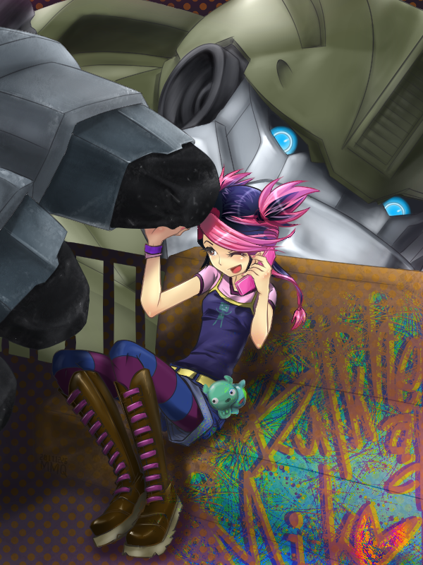bench boots bulkhead cellphone legwear_under_shorts markmm miko_nakadai multicolored_hair one_eye_closed pantyhose phone pink_hair poking ponytail purple_hair robot shorts sitting size_difference smile striped striped_legwear talking_on_phone transformers transformers_prime twintails