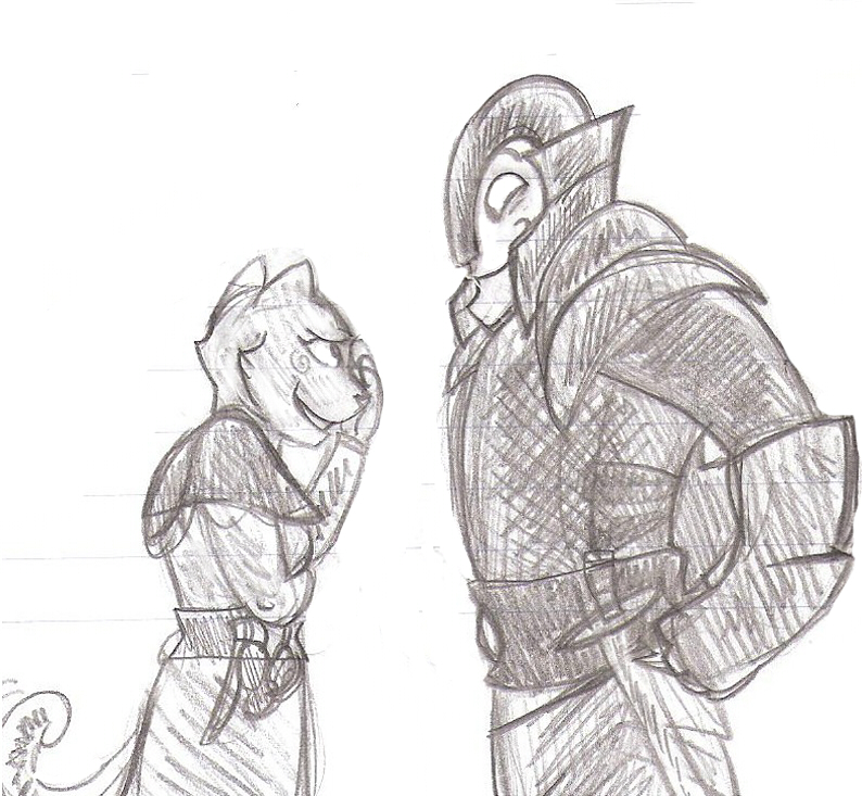 armor asotil cute duo embarrassed feline female human katia_managan khajiit male mammal prequel scarethedaisies sketch the_elder_scrolls video_games