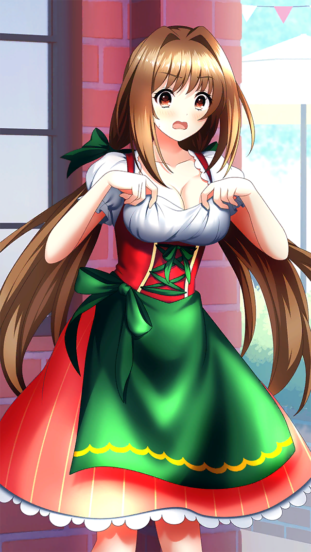 1girl apron bare_arms blush bow breasts brown_eyes brown_hair cleavage clothes_lift collarbone day doukyuusei_another_world embarrassed floating_hair game_cg german_clothes green_apron green_bow green_ribbon hair_bow hair_intakes kakyuusei_2 large_breasts long_hair low_twintails medium_skirt open_mouth outdoors red_skirt ribbon saimon_tamaki shirt shirt_lift short_sleeves skirt solo standing striped striped_skirt sweatdrop twintails underbust very_long_hair waist_apron wavy_mouth white_shirt