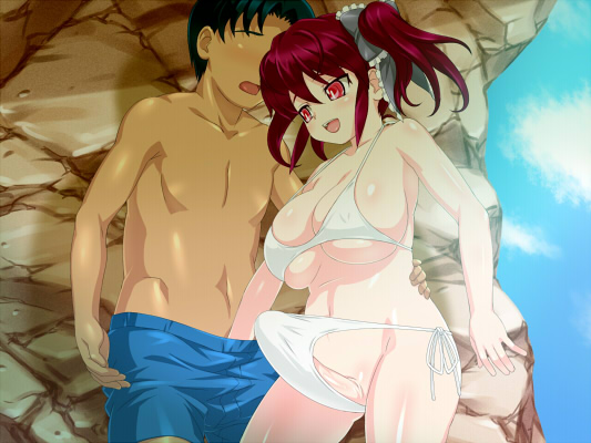 1boy 1girl bikini breasts bulge futa_with_male futanari huge_breasts long_hair open_mouth penis pink_eyes potato_house red_eyes red_hair ribbon swimsuit twintails