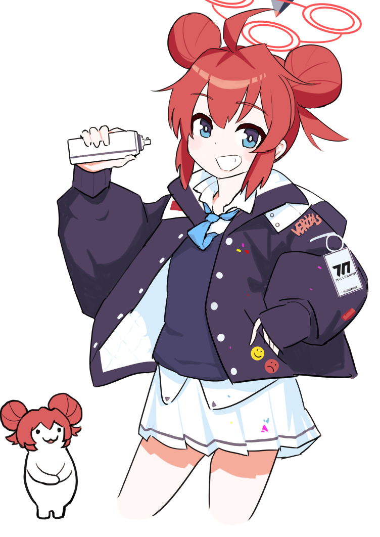 1girl ahoge blue_archive blue_eyes blue_necktie blue_sweater_vest blush_stickers bright_pupils double_bun grin hair_between_eyes hair_bun halo hand_in_pocket hood hooded_jacket id_card jacket long_sleeves looking_at_viewer maki_(blue_archive) necktie odaneru_apart pleated_skirt puffy_long_sleeves puffy_sleeves red_hair red_halo shirt sidelocks simple_background skirt smile solo spray_can sweater_vest undershirt white_background white_pupils white_shirt white_skirt white_undershirt
