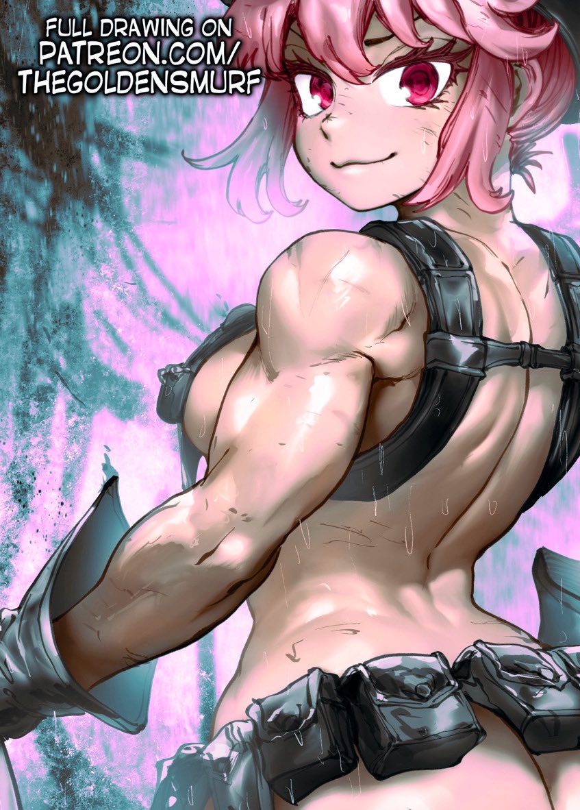 1girl alternate_breast_size ass black_gloves breasts closed_mouth commentary cropped english_commentary english_text from_behind gloves jakuzure_nonon kill_la_kill looking_at_viewer looking_back muscular muscular_female nudist_beach_uniform paid_reward_available patreon_username pink_eyes pink_hair pouch revealing_clothes solo sweat the_golden_smurf web_address