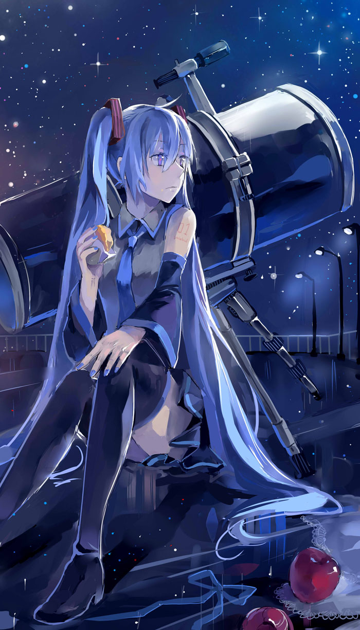 apple bad_id bad_pixiv_id blue_eyes blue_hair boots detached_sleeves food fruit hatsune_miku highres long_hair necktie sitting skirt sky solo star_(sky) starry_sky telescope thigh_boots thighhighs twintails very_long_hair vocaloid zhanzhan_lan