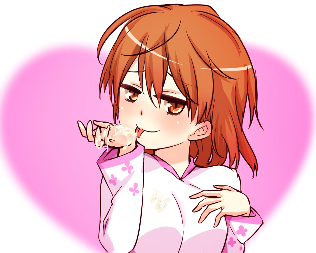 1girl breasts brown_eyes brown_hair closed_mouth commentary_request dress floral_print hair_between_eyes hands_up heart heart_background i.u.y licking licking_hand light_blush long_sleeves looking_at_viewer medium_breasts medium_hair messy_hair misaka_worst pink_background slit_pupils smile solo suggestive_fluid toaru_majutsu_no_index toaru_majutsu_no_index:_new_testament tongue tongue_out upper_body vietnamese_dress white_dress