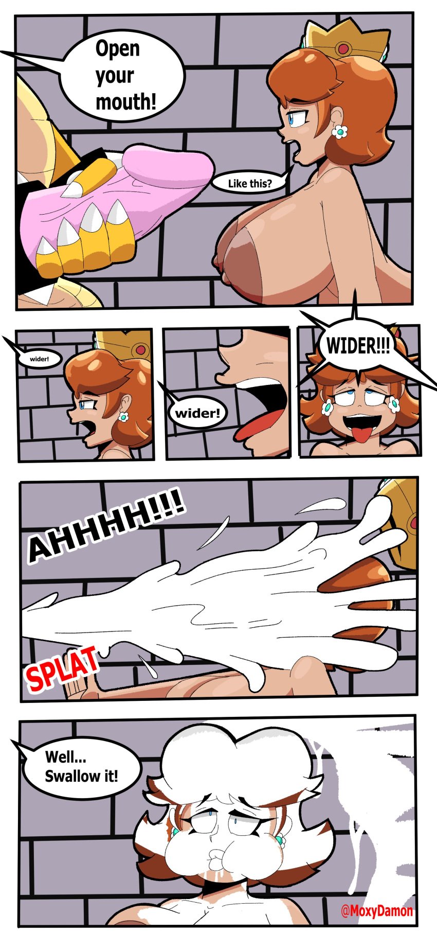 accessory ahegao anthro big_breasts big_penis bodily_fluids bowser breasts brown_hair claws cock_ring comic cum cum_explosion cum_in_mouth cum_inside cum_on_body cum_on_face cum_on_upper_body dizzy drinking drinking_cum duo excessive_cum excessive_genital_fluids exposed_breasts female genital_fluids genitals hair hi_res huge_breasts huge_penis human humanoid jewelry looking_pleasured male male/female mammal mario_(series) mario_bros mouthful moxydamon nintendo nipples nude oral penis penis_accessory penis_jewelry princess_daisy scalie speech_bubble tongue tongue_out