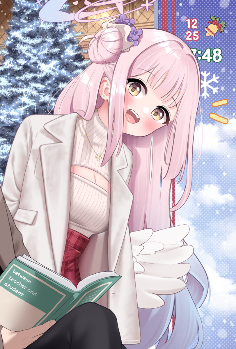 1boy 1girl alternate_costume blue_archive blush book breasts cleavage coat hair_bun halo head_tilt highres holding holding_book ine_(ineinnen) long_hair looking_at_another medium_breasts meme_attire mika_(blue_archive) open-chest_sweater outdoors pink_hair red_skirt revision ribbed_sweater single_side_bun skirt smile solo_focus sweater sweater_tucked_in teeth upper_teeth_only very_long_hair white_coat white_sweater yellow_eyes