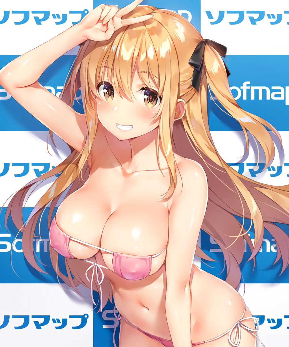 1girl arm_up armpits bare_arms bare_shoulders bikini blush bow bowtie breasts brown_eyes brown_hair cleavage collarbone erect_nipples eyepatch_bikini fingernails front-tie_bikini front-tie_top hair_bow highres large_breasts leaning_forward long_hair looking_at_viewer navel original parted_lips pink_bikini shadow shiny shiny_clothes shiny_hair shiny_skin short_twintails side-tie_bikini sidelocks smile sofmap_background solo step_and_repeat stomach swimsuit teeth twintails v yuuki_hagure