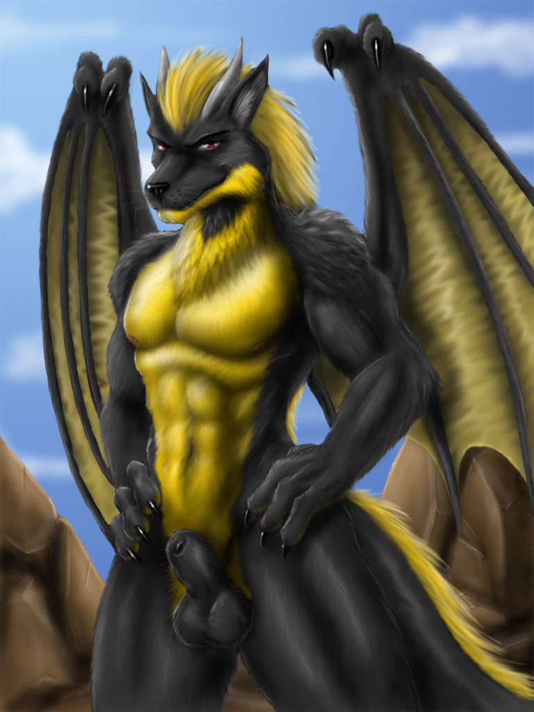 abs avoid_posting balls biceps black_fur claws dragon dranzer fur horn hybrid looking_at_viewer male max-dragon muscles nipples nude pecs red_eyes sheath solo wings wold yellow_fur