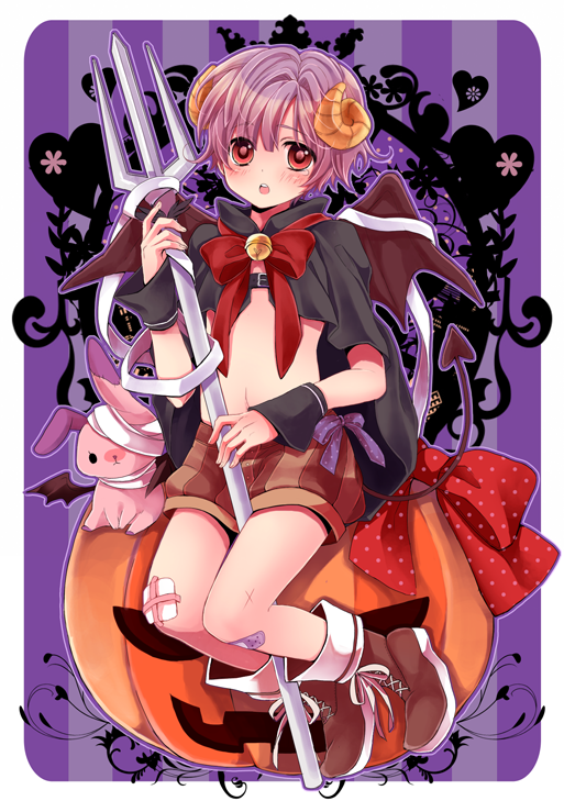bad_id bad_pixiv_id bandages bell blush boots bow bunny cape demon_boy demon_wings full_body halloween horns male_focus open_mouth original pitchfork pumpkin purple_hair red_eyes shorts solo tail touya_(angelically) wings