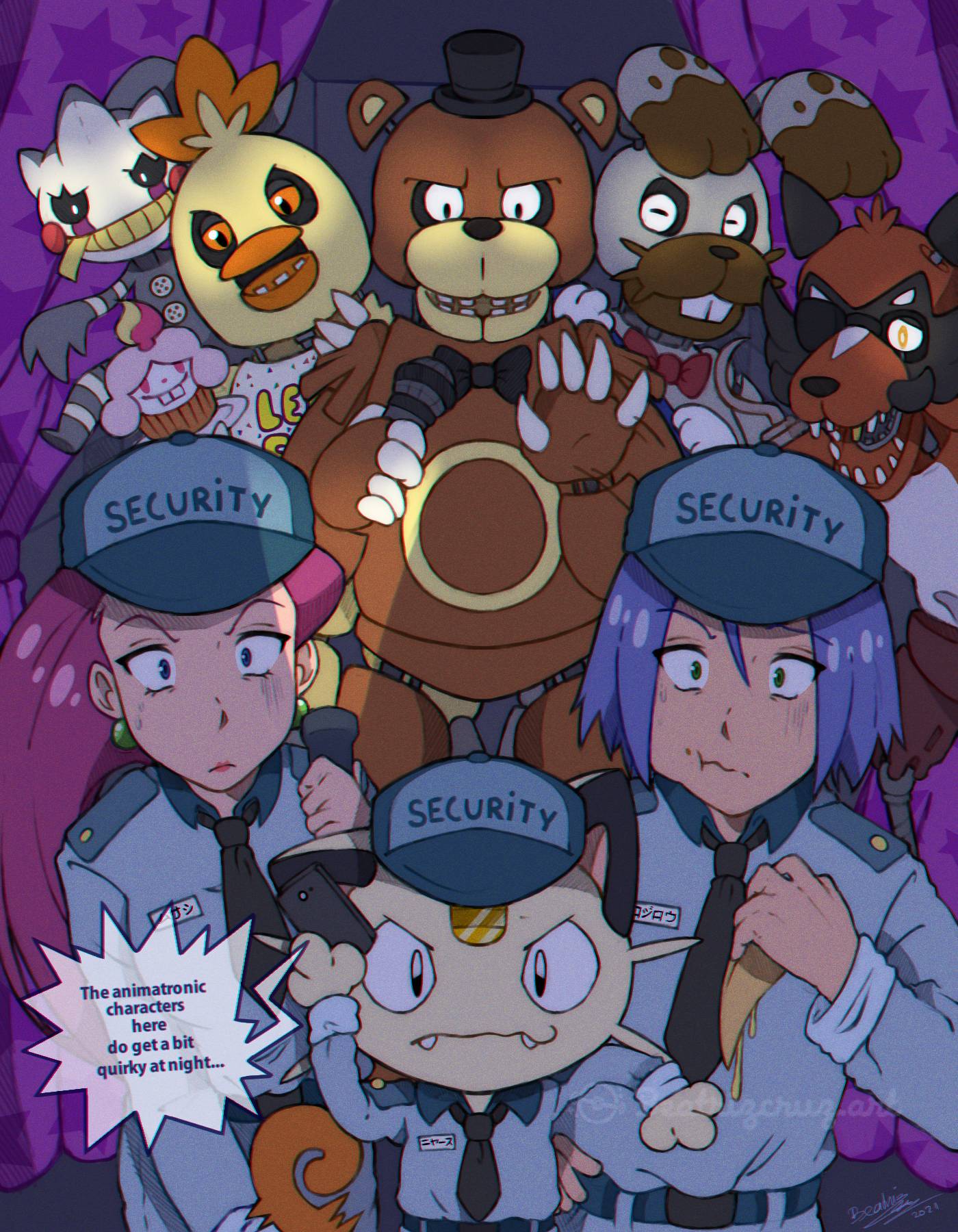 1boy 1girl bear bird black_necktie blue_hair blue_headwear blue_pants blue_shirt bonnie_(fnaf) bonnie_(fnaf)_(cosplay) cat chica chica_(cosplay) chicken cosplay cruz02art cupcake cupcake_(fnaf) five_nights_at_freddy's flashlight food fox foxy_(fnaf) foxy_(fnaf)_(cosplay) freddy_fazbear freddy_fazbear_(cosplay) frown glowing glowing_eyes hat highres holding holding_flashlight holding_food holding_phone indoors james_(pokemon) jessie_(pokemon) name_tag necktie pants phone pokemon pokemon_(creature) purple_hair rabbit scare security_guard shirt speech_bubble the_puppet_(fnaf) the_puppet_(fnaf)_(cosplay)