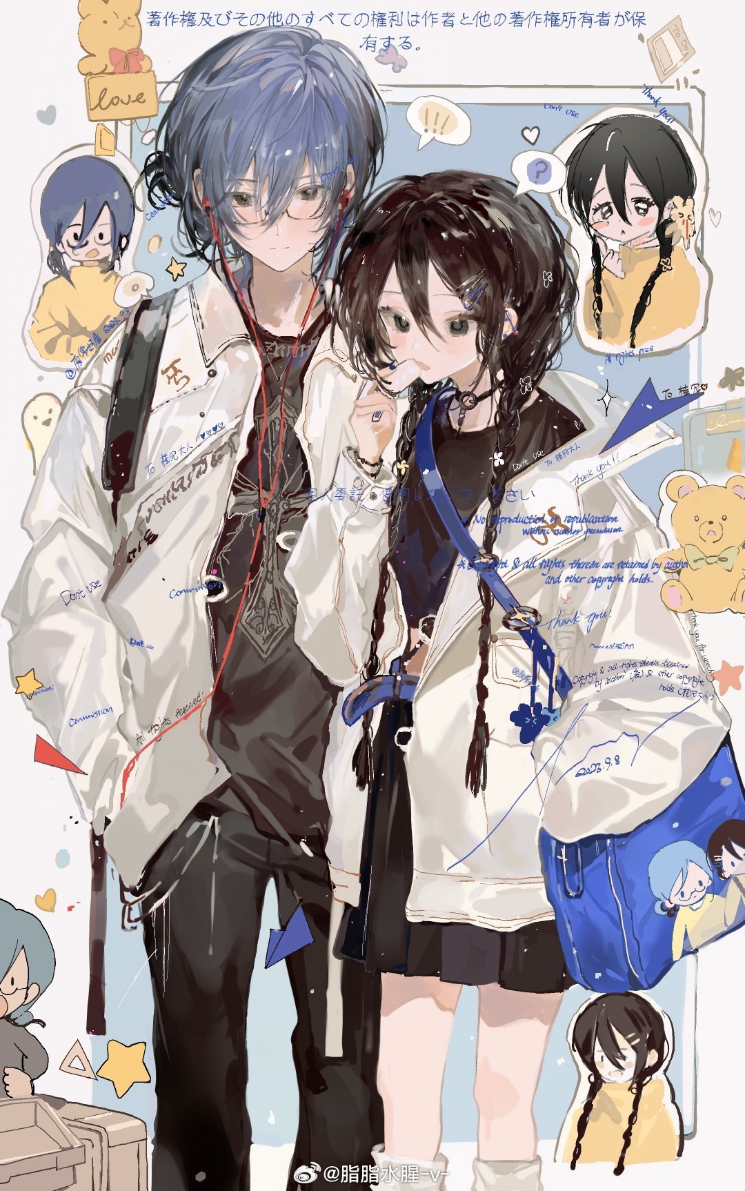 ! !! 2girls ? ankle_socks backpack bag black-framed_eyewear black_choker black_eyes black_hair black_pants black_shirt black_skirt blue_background blue_bag blue_hair border bracelet braid character_print chibi chibi_inset chinese_commentary chinese_text choker closed_mouth coat collared_coat commentary_request dated earbuds earphones eating expressionless eyelashes feet_out_of_frame floral_print food glasses guigui_rongrong hair_ornament hairclip hand_in_pocket hands_in_pockets heart highres holding holding_food jewelry long_hair long_sleeves miniskirt multicolored_hair multiple_girls multiple_views open_clothes open_coat open_mouth original pants pleated_skirt puffy_long_sleeves puffy_sleeves rabbit_hair_ornament ring self_character_print shirt short_hair shoulder_bag single_strap skirt sleeves_past_wrists socks spoken_exclamation_mark spoken_question_mark star_(symbol) stuffed_animal stuffed_toy t-shirt teddy_bear turtleneck twin_braids two-tone_hair white_border white_coat white_sleeves white_socks yellow_shirt yellow_sleeves